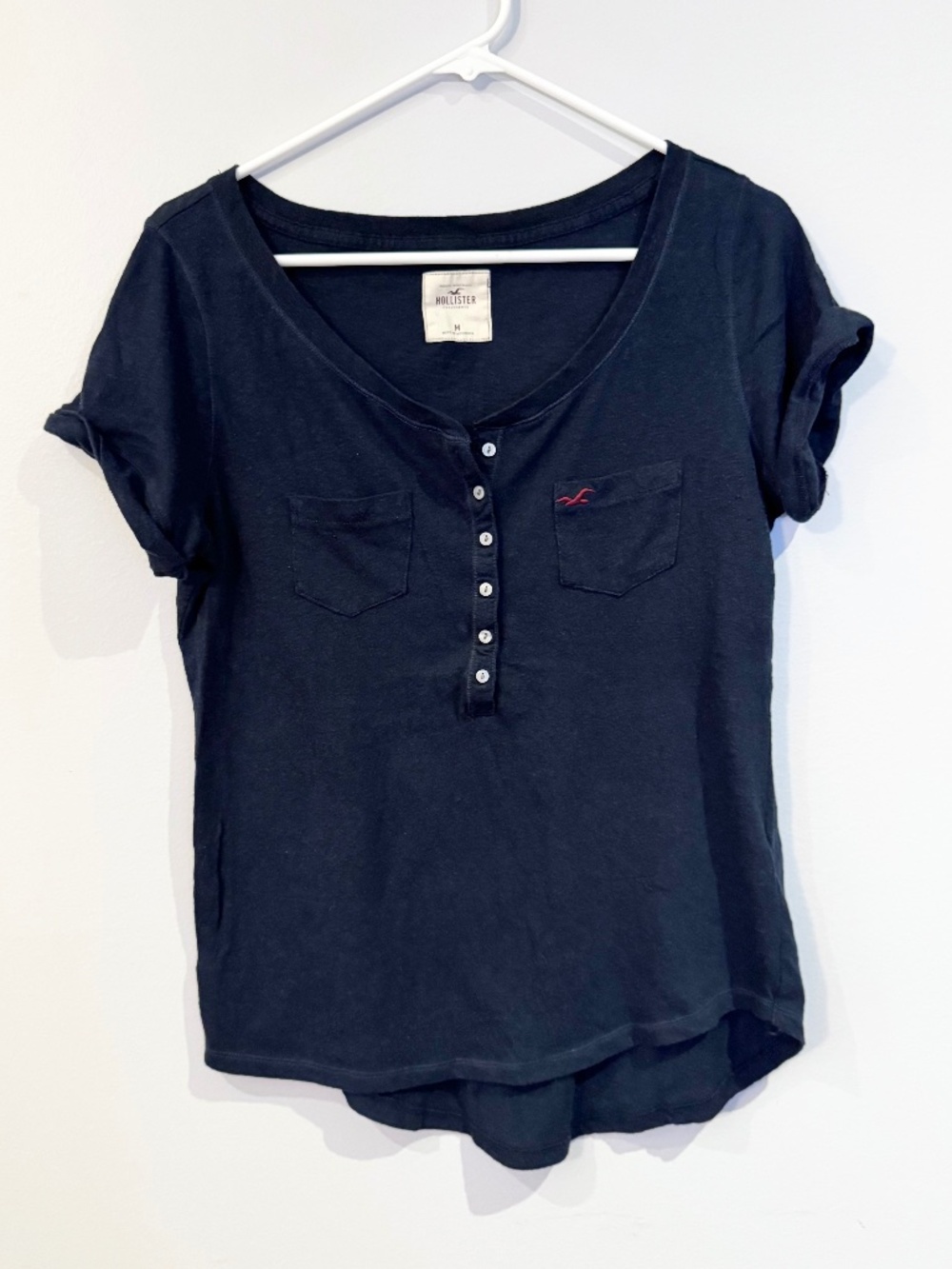 Hollister Y2K  Navy Blue Button Front Henley Short Sleeve Tee Medium